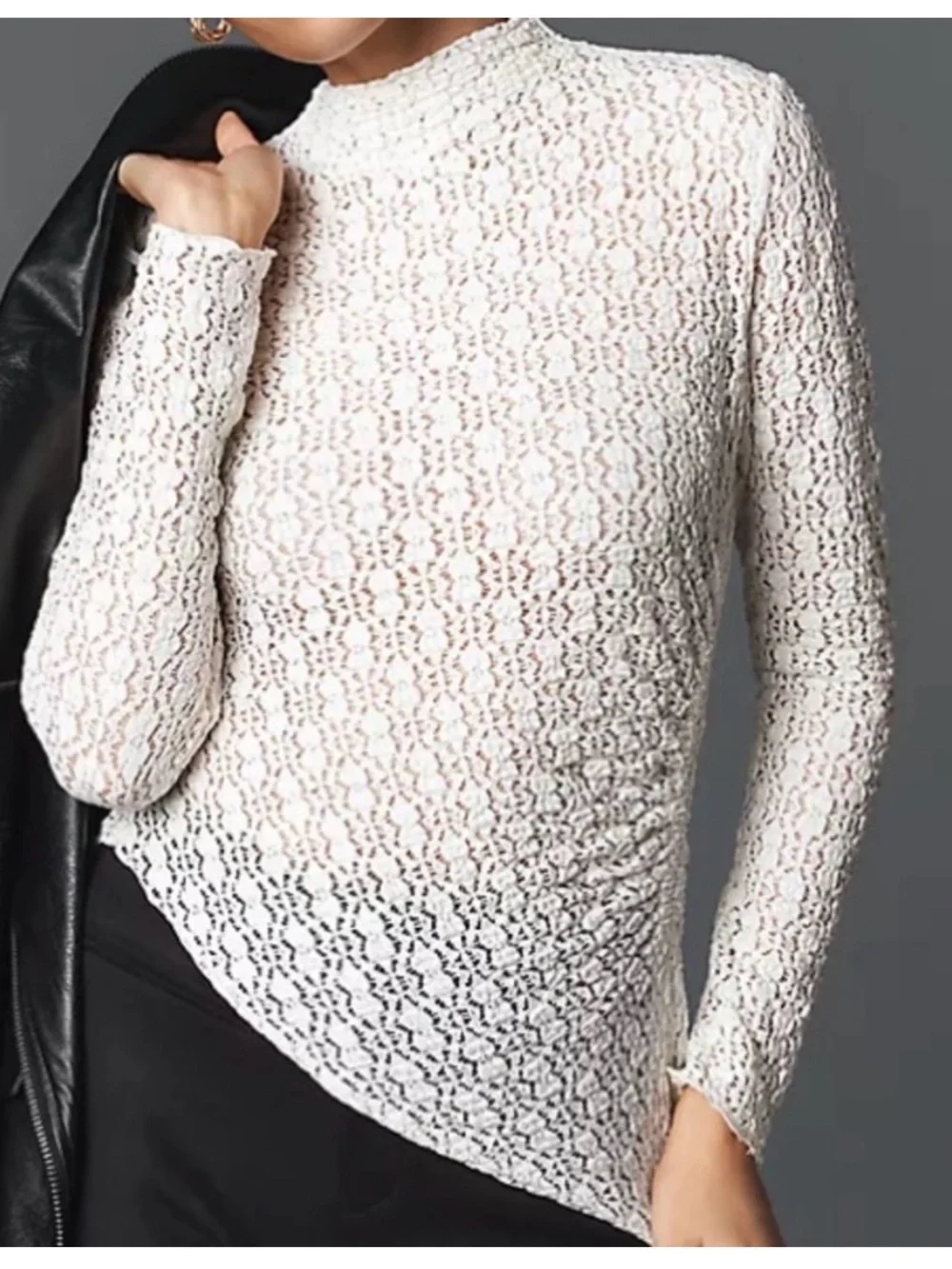 NEW Anthropologie Smocked Lace High Neck Asymmetrical Long Sleeve Ivory Top